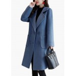 Blue Women Winter Wool Blend Camel Mid-Long Coat Notch Double-Breasted Lapel Jacket Outwear