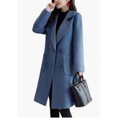 Blue Women Winter Wool Blend Camel Mid-Long Coat Notch Double-Breasted Lapel Jacket Outwear