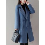 Blue Women Winter Wool Blend Camel Mid-Long Coat Notch Double-Breasted Lapel Jacket Outwear