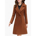 Brown Women Winter Wool Blend Camel Mid-Long Coat Notch Double-Breasted Lapel Jacket Outwear