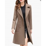 Camel  Women Winter Wool Blend Camel Mid-Long Coat Notch Double-Breasted Lapel Jacket Outwear