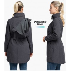 Darkgrey Melange-detachable Hood Women's Softshell Long Jacket with Hood Fleece Lined Windproof Warm up Waterproof Windbreaker