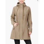 Khaki Women's Softshell Long Jacket with Hood Fleece Lined Windproof Warm up Waterproof Windbreaker