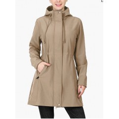 Khaki Women's Softshell Long Jacket with Hood Fleece Lined Windproof Warm up Waterproof Windbreaker