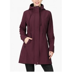 Red Wine Women's Softshell Long Jacket with Hood Fleece Lined Windproof Warm up Waterproof Windbreaker