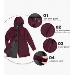 Red Wine Women's Softshell Long Jacket with Hood Fleece Lined Windproof Warm up Waterproof Windbreaker