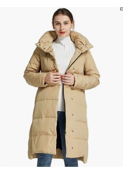 Khaki Women's Hooded Down Jacket Long Winter Coat